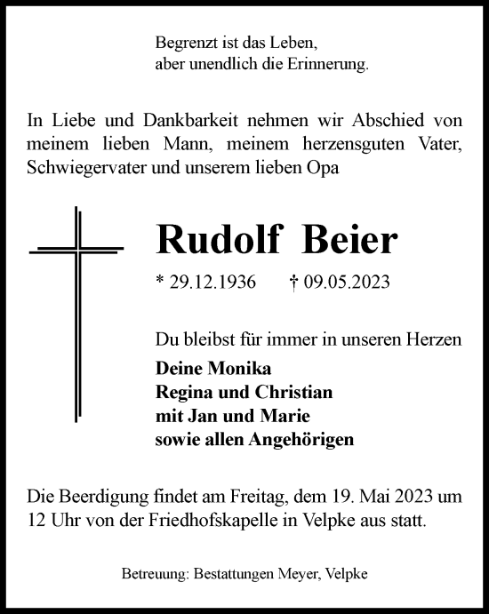 Traueranzeige von Rudolf Beier von Wolfsburger Nachrichten