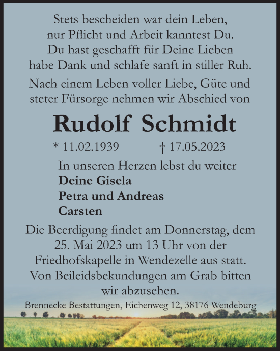 Traueranzeige von Rudolf Schmidt von Peiner Nachrichten