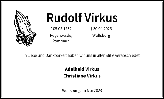 Traueranzeige von Rudolf Virkus von Wolfsburger Nachrichten