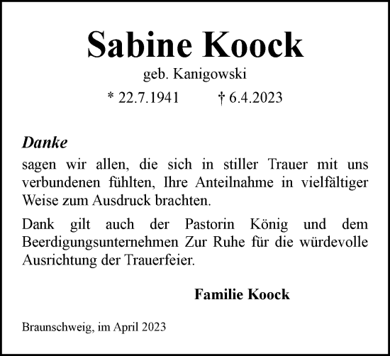 Traueranzeige von Sabine Koock von Braunschweiger Zeitung