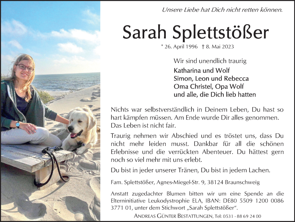  Traueranzeige für Sarah Splettstößer vom 13.05.2023 aus Braunschweiger Zeitung