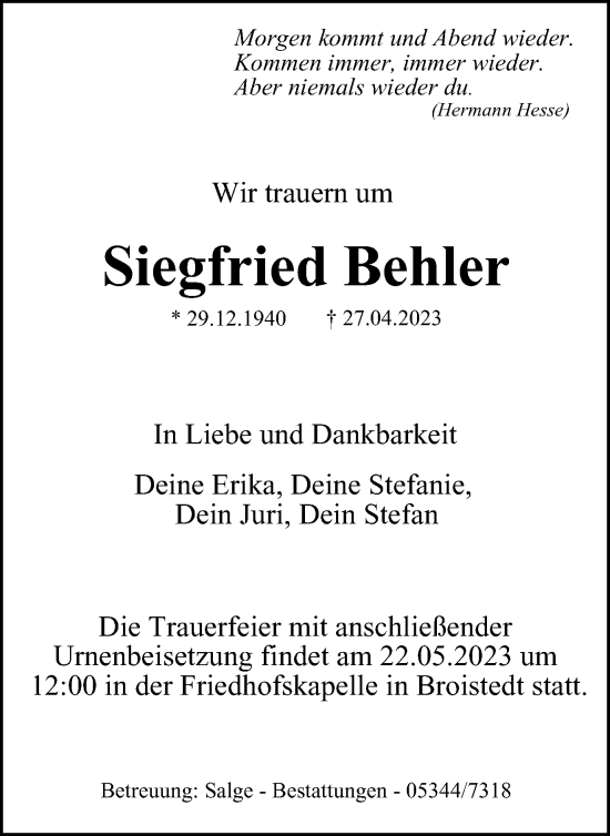 Traueranzeige von Siegfried Behler von Salzgitter-Zeitung