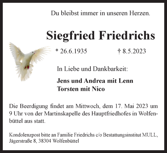 Traueranzeige von Siegfried Friedrichs von Wolfenbütteler Zeitung