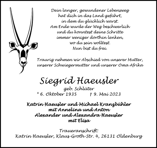 Traueranzeige von Siegrid Haeusler von Helmstedter Nachrichten