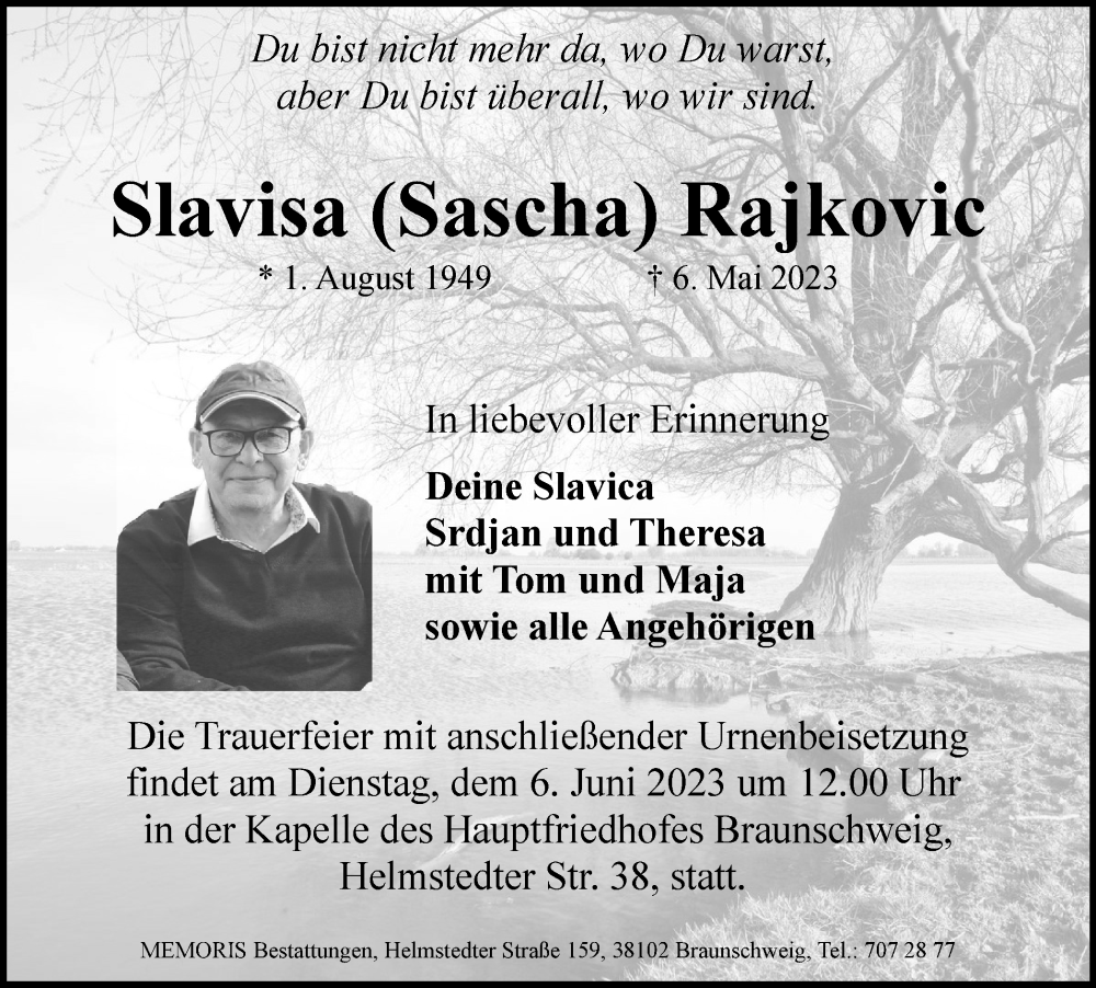  Traueranzeige für Slavisa Rajkovic vom 31.05.2023 aus Braunschweiger Zeitung