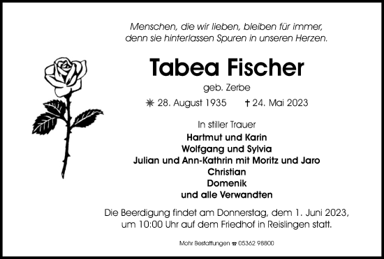 Traueranzeige von Tabea Fischer von Wolfsburger Nachrichten