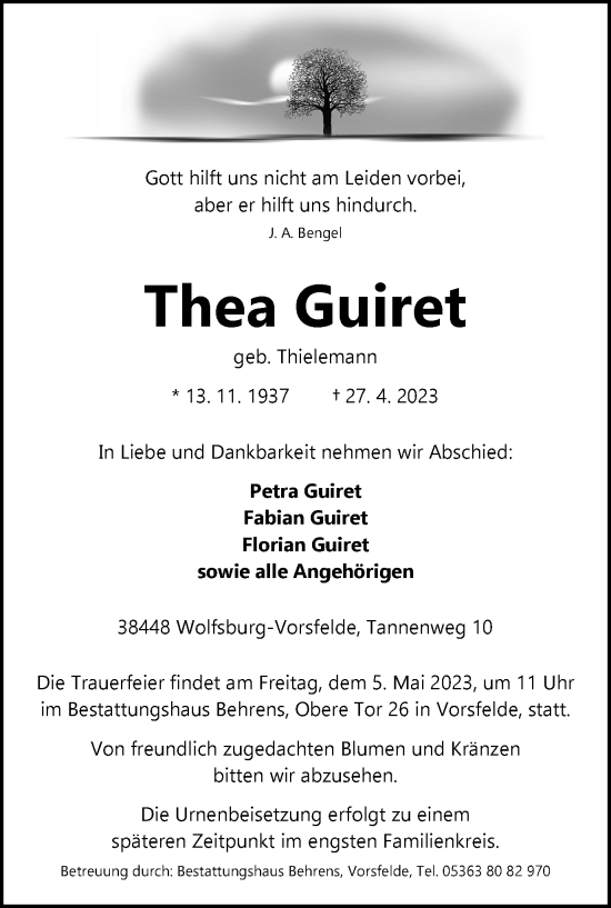 Traueranzeige von Thea Guiret von Wolfsburger Nachrichten
