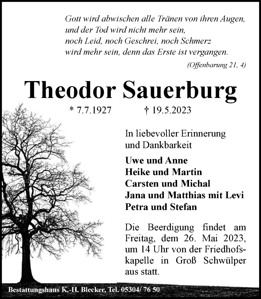  Traueranzeige für Theodor Sauerburg vom 24.05.2023 aus Wolfsburger Nachrichten, Peiner Nachrichten