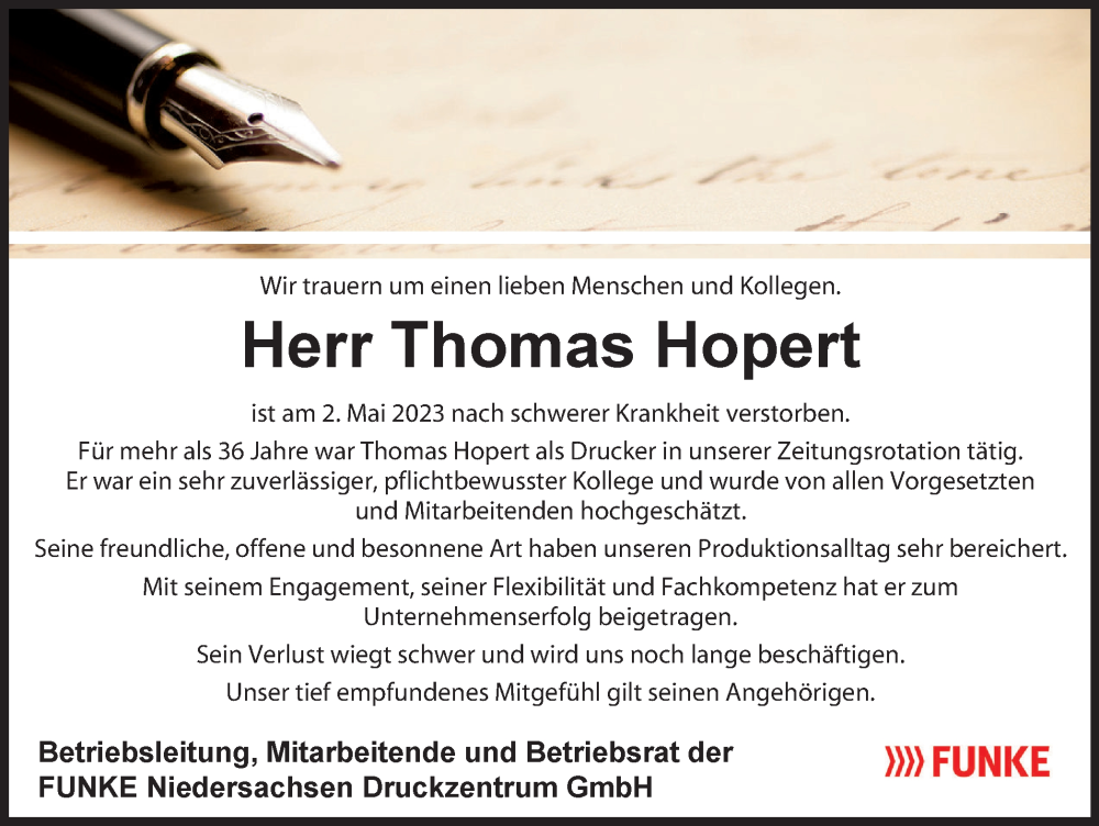 Traueranzeige für Thomas Hopert vom 13.05.2023 aus Braunschweiger Zeitung
