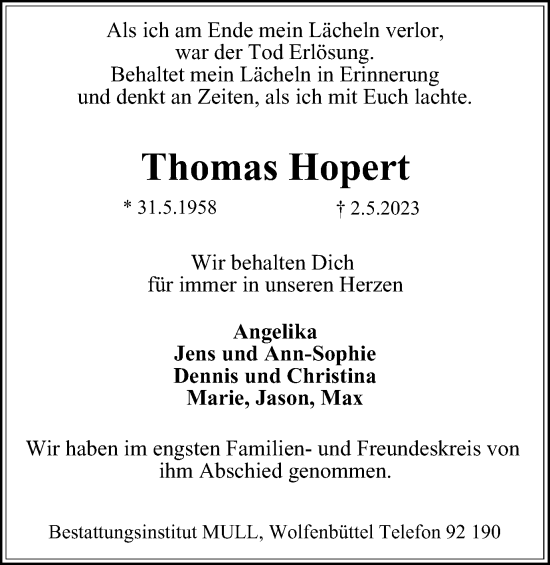 Traueranzeige von Thomas Hopert von Wolfenbütteler Zeitung