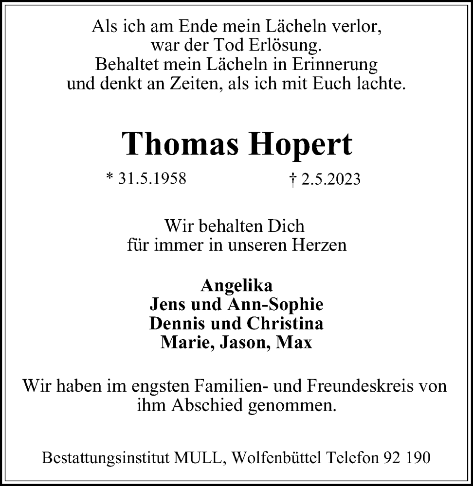 Traueranzeige für Thomas Hopert vom 10.05.2023 aus Wolfenbütteler Zeitung