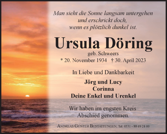 Traueranzeige von Ursula Döring von Braunschweiger Zeitung