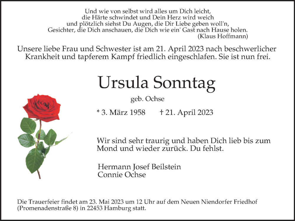  Traueranzeige für Ursula Sonntag vom 13.05.2023 aus Wolfenbütteler Zeitung