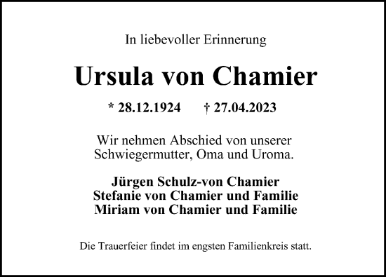 Traueranzeige von Ursula von Chamier von Helmstedter Nachrichten, Wolfenbütteler Zeitung