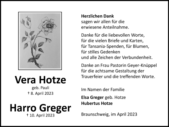 Traueranzeige von Vera und Harro  von Braunschweiger Zeitung