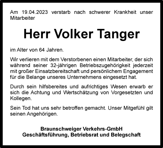 Traueranzeige von Volker Tanger von Braunschweiger Zeitung