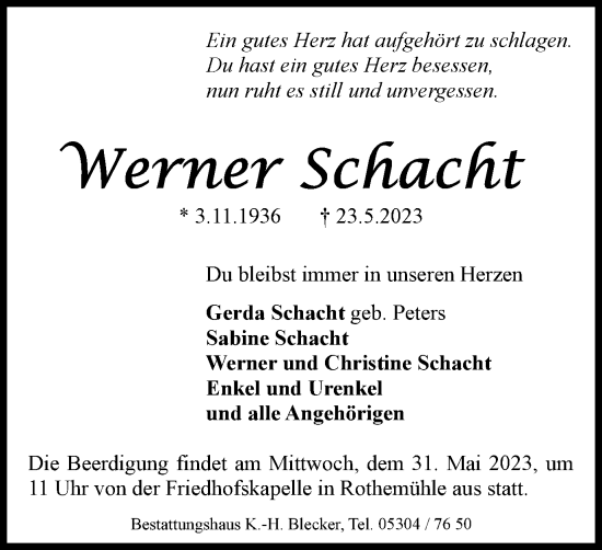 Traueranzeige von Werner Schacht von Wolfsburger Nachrichten