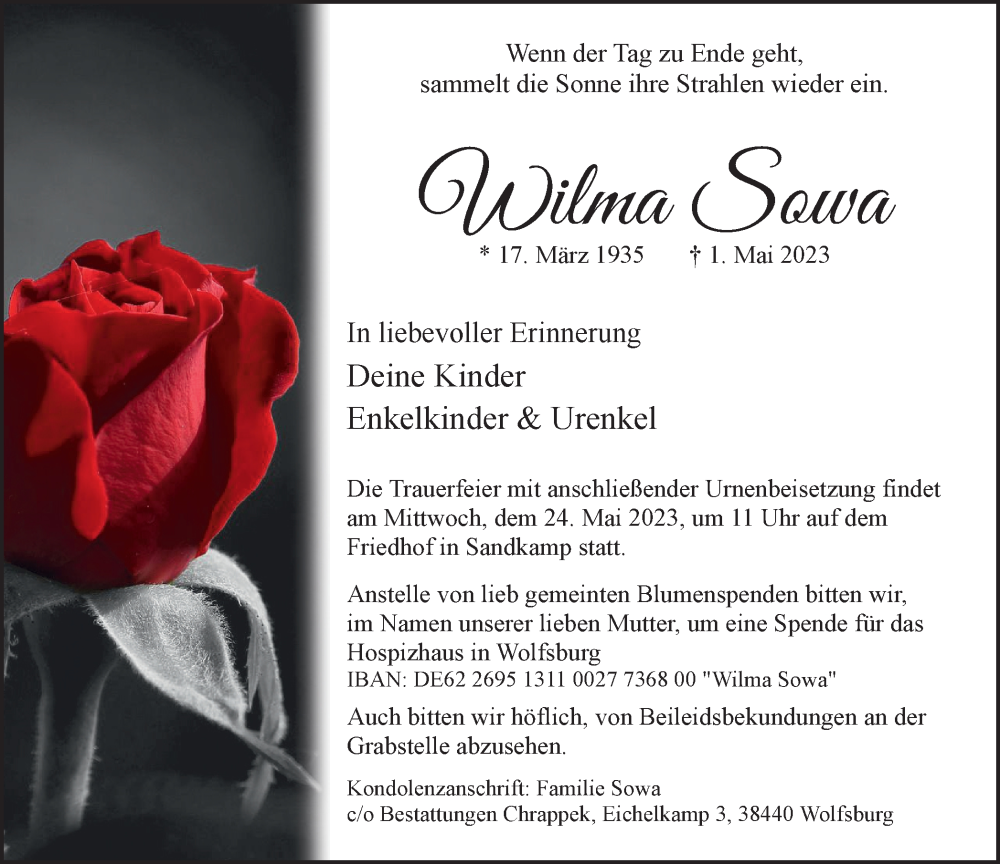  Traueranzeige für Wilma Sowa vom 13.05.2023 aus Wolfsburger Nachrichten