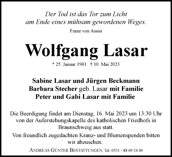 Traueranzeige von Wolfgang Lasar von Braunschweiger Zeitung