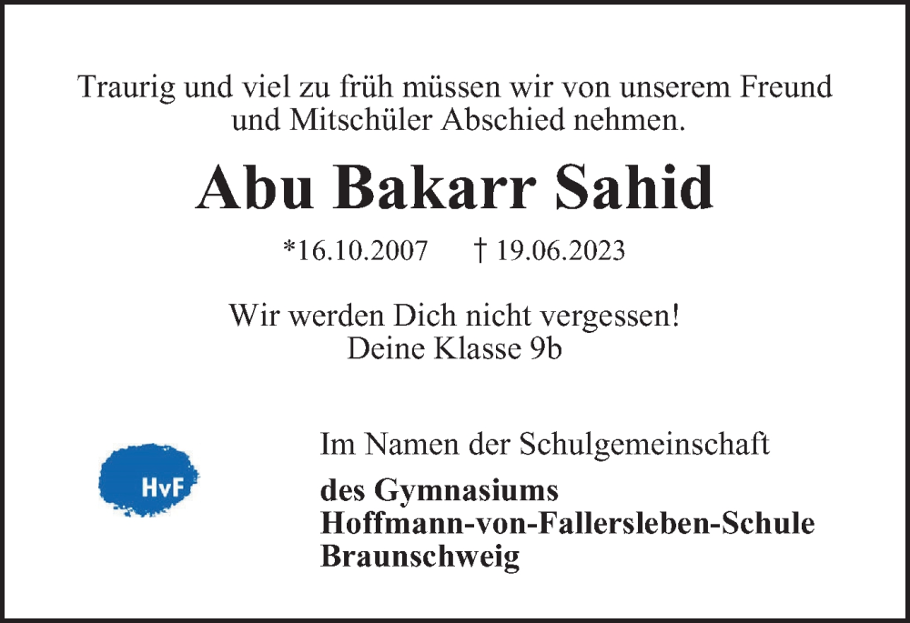  Traueranzeige für Abu Bakarr Sahid vom 30.06.2023 aus Braunschweiger Zeitung