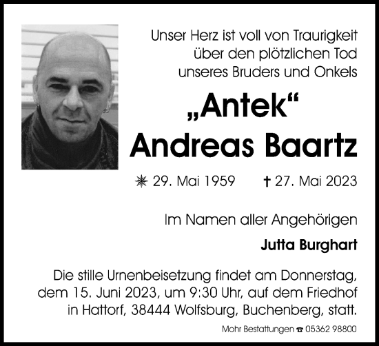 Traueranzeige von Andreas Baartz von Braunschweiger Zeitung