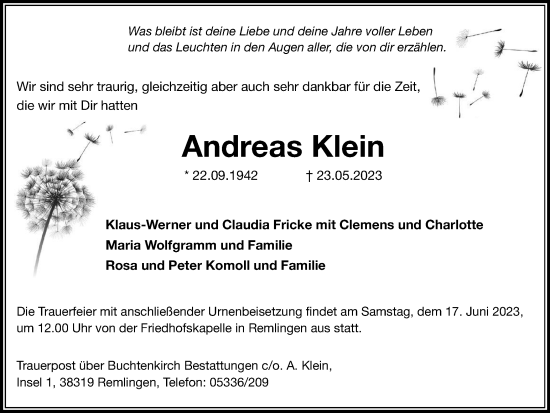 Traueranzeige von Andreas Klein von Braunschweiger Zeitung