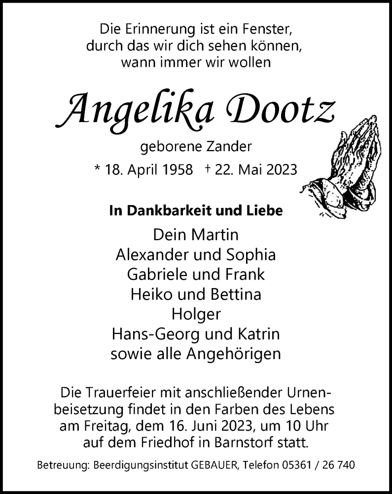  Traueranzeige für Angelika Dootz vom 03.06.2023 aus Wolfsburger Nachrichten