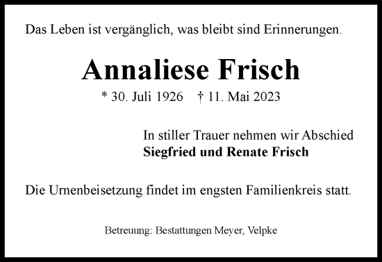 Traueranzeige von Annaliese Frisch von Wolfsburger Nachrichten