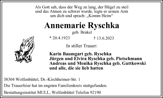 Traueranzeige von Annemarie Ryschka von Wolfenbütteler Zeitung