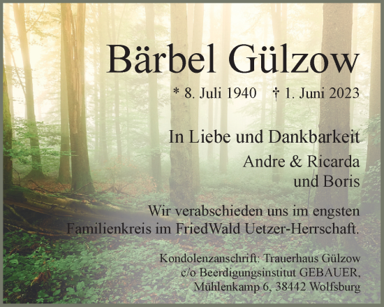Traueranzeige von Bärbel Gülzow von Wolfsburger Nachrichten