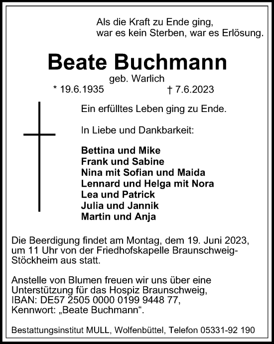 Traueranzeige von Beate Buchmann von Braunschweiger Zeitung