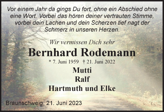 Traueranzeige von Bernhard Rodemann von Braunschweiger Zeitung