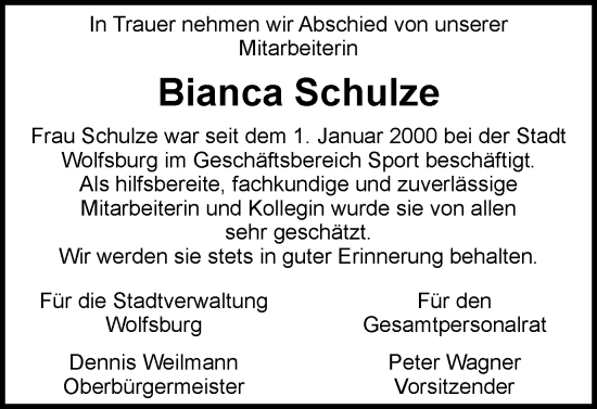 Traueranzeige von Bianca Schulze von Wolfsburger Nachrichten