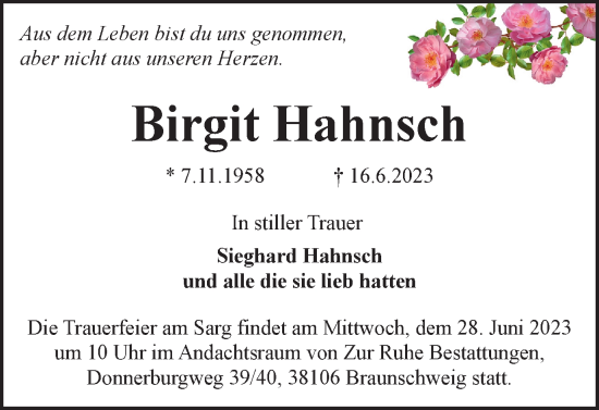 Traueranzeige von Birgit Hahnsch von Braunschweiger Zeitung