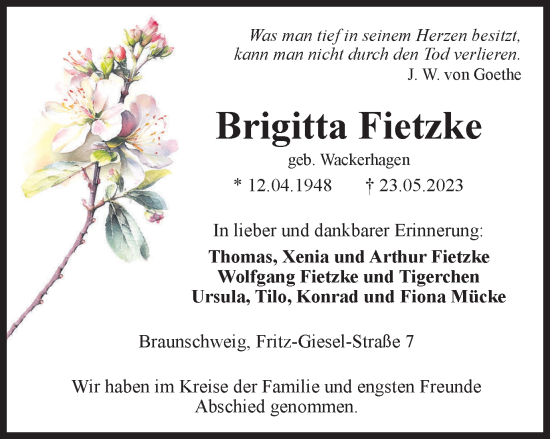 Traueranzeige von Brigitta Fietzke von Braunschweiger Zeitung