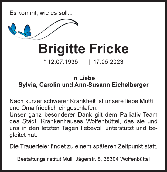 Traueranzeige von Brigitte Fricke von Braunschweiger Zeitung