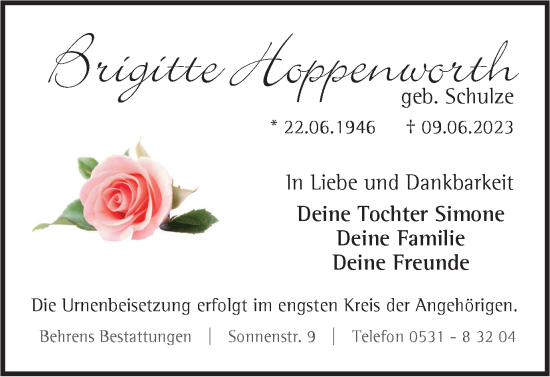 Traueranzeige von Brigitte Hoppenworth von Braunschweiger Zeitung
