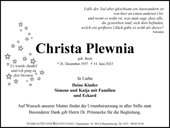 Traueranzeige von Christa Plewnia von Braunschweiger Zeitung