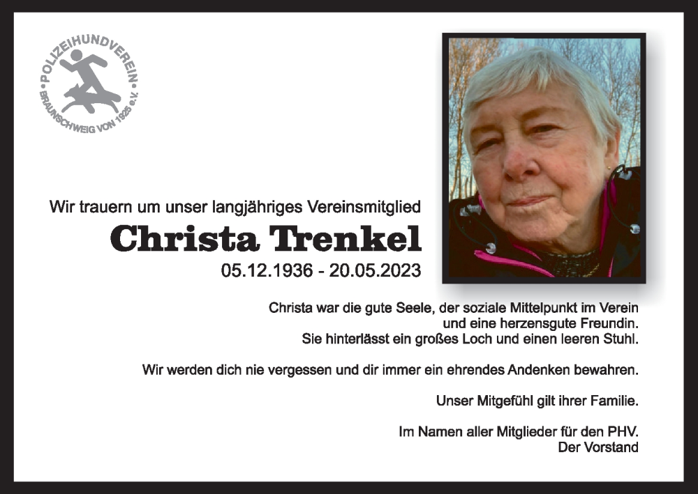  Traueranzeige für Christa Trenkel vom 10.06.2023 aus Neue Braunschweiger am Samstag