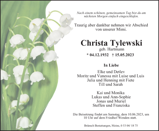 Traueranzeige von Christa Tylewski von Braunschweiger Zeitung