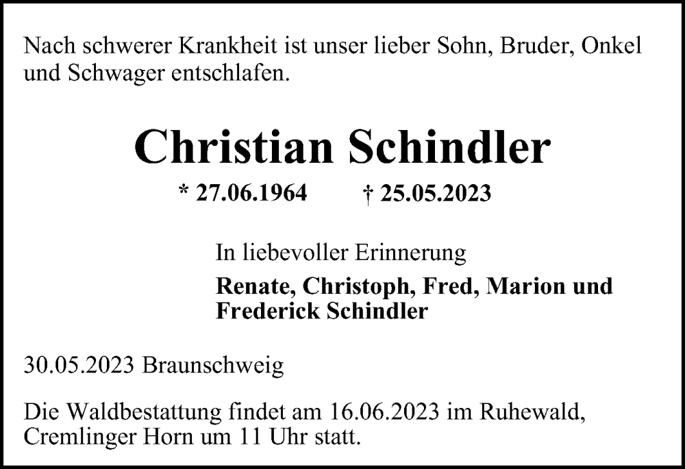  Traueranzeige für Christian Schindler vom 03.06.2023 aus Braunschweiger Zeitung