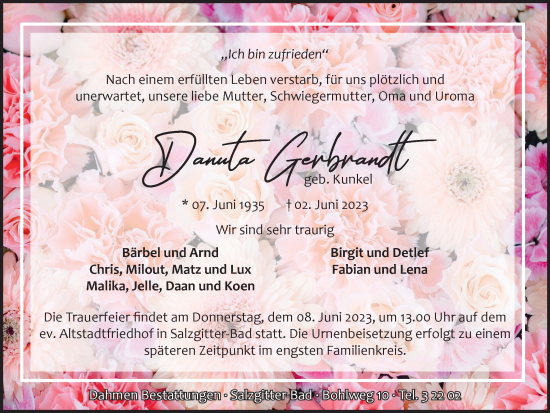 Traueranzeige von Danuta Gerbrandt von Salzgitter-Zeitung