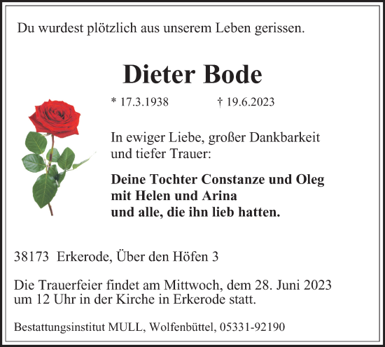 Traueranzeige von Dieter Bode von Wolfenbütteler Zeitung