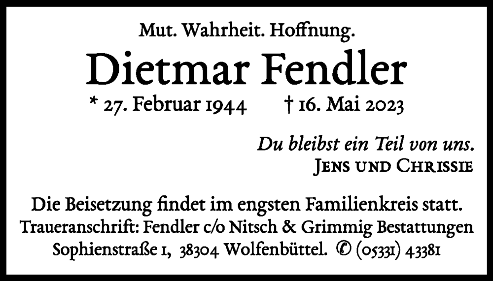  Traueranzeige für Dietmar Fendler vom 03.06.2023 aus Braunschweiger Zeitung