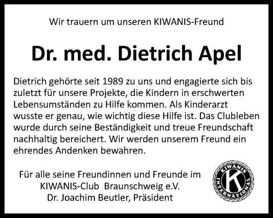 Traueranzeige von Dietrich Apel von Braunschweiger Zeitung