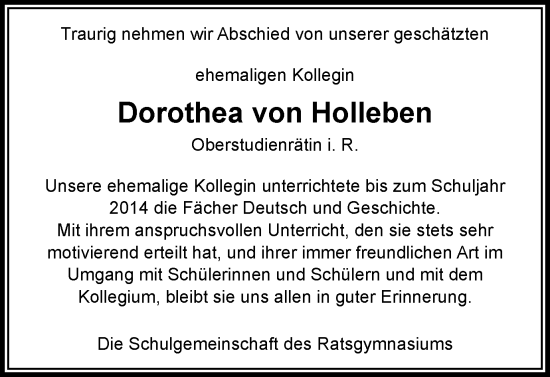 Traueranzeige von Dorothea von Holleben von Wolfsburger Nachrichten