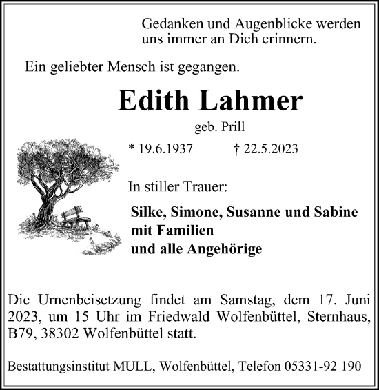 Traueranzeige von Edith Lahmer von Salzgitter-Zeitung