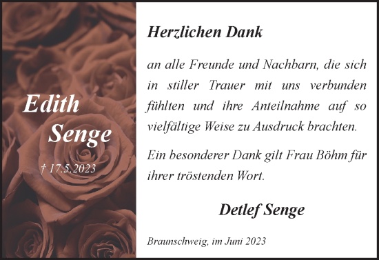 Traueranzeige von Edith Senge von Braunschweiger Zeitung