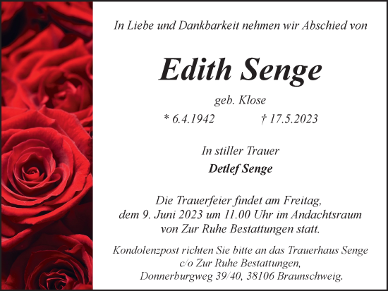 Traueranzeige von Edith Senge von Braunschweiger Zeitung