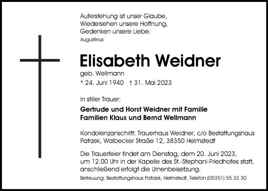 Traueranzeige von Elisabeth Weidner von Helmstedter Nachrichten